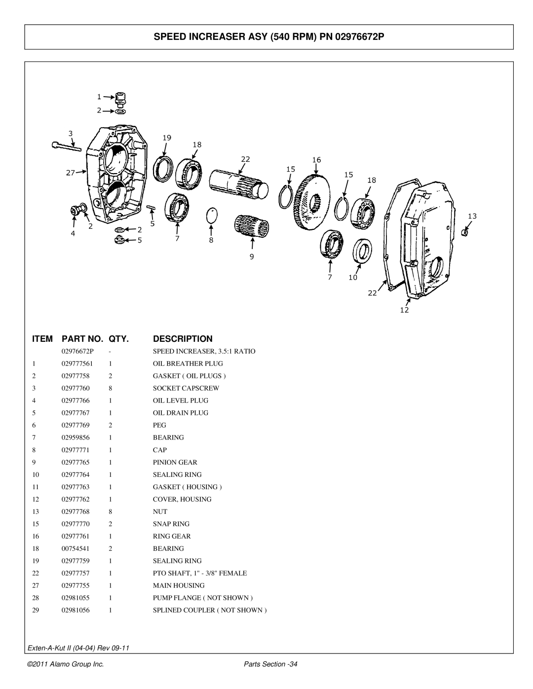 Alamo 02969111P manual Speed Increaser ASY 540 RPM PN 02976672P 