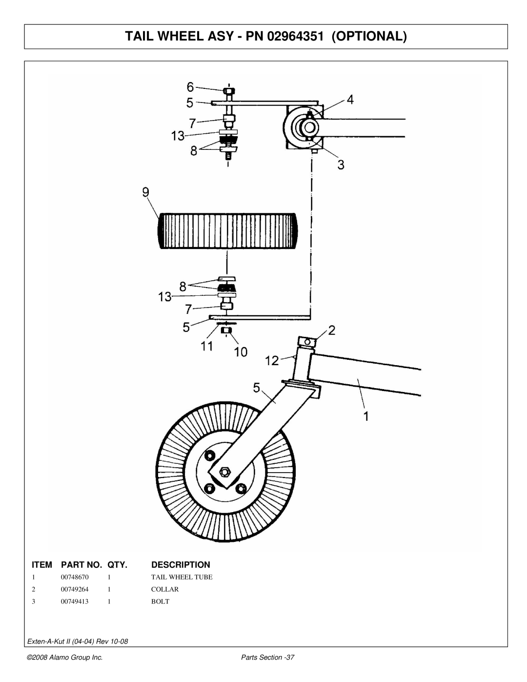 Alamo 02969111P manual Tail Wheel ASY PN 02964351 Optional 