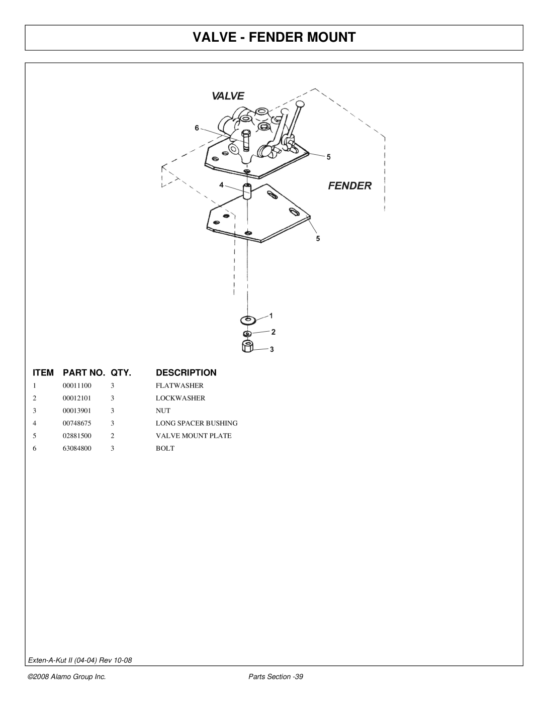 Alamo 02969111P manual Valve Fender Mount 