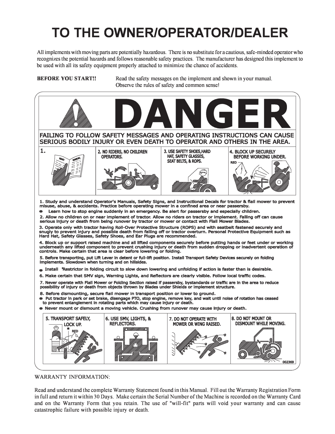 Alamo 02969111P manual Danger, To The Owner/Operator/Dealer 
