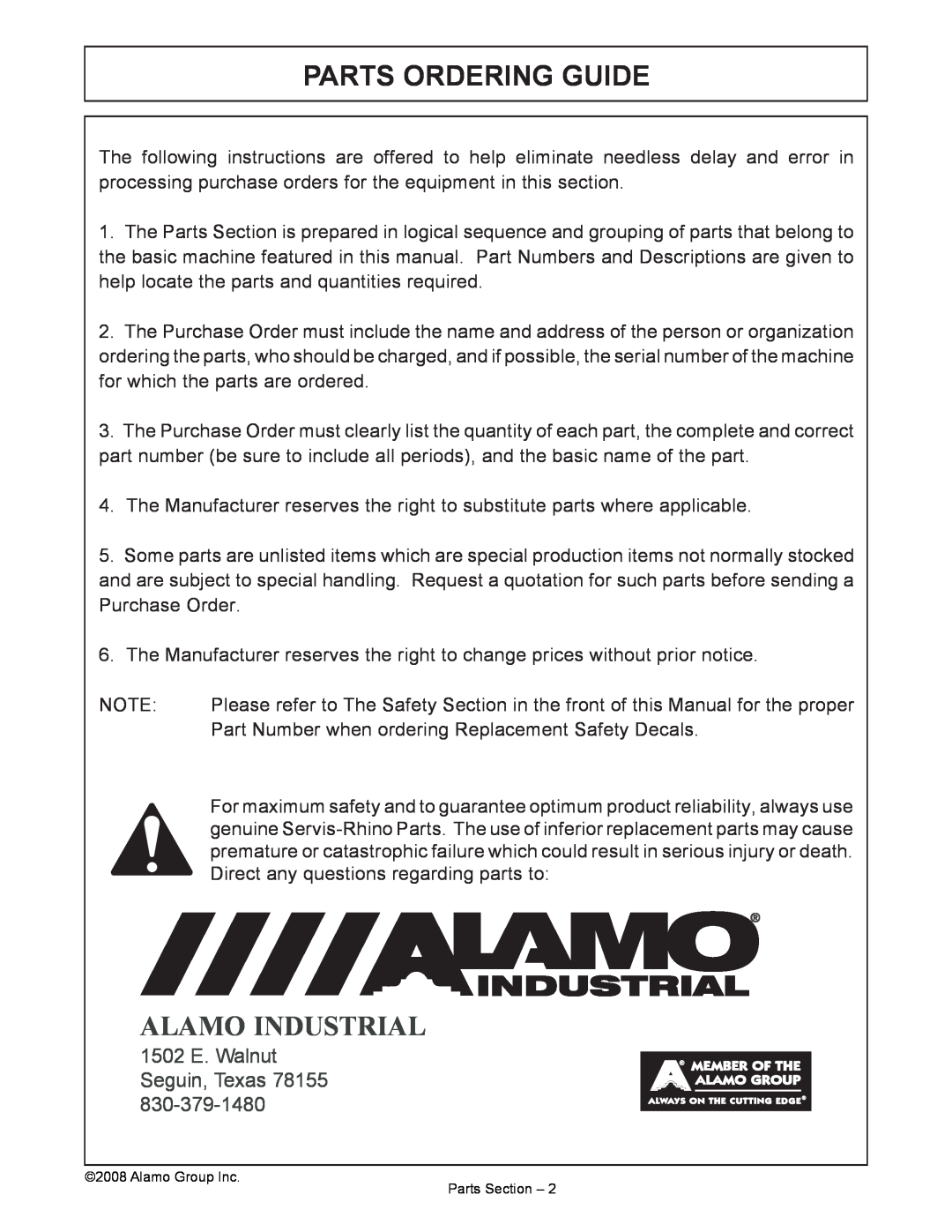 Alamo 02969111P manual Parts Ordering Guide, 1502 E. Walnut Seguin, Texas 78155, Alamo Industrial 