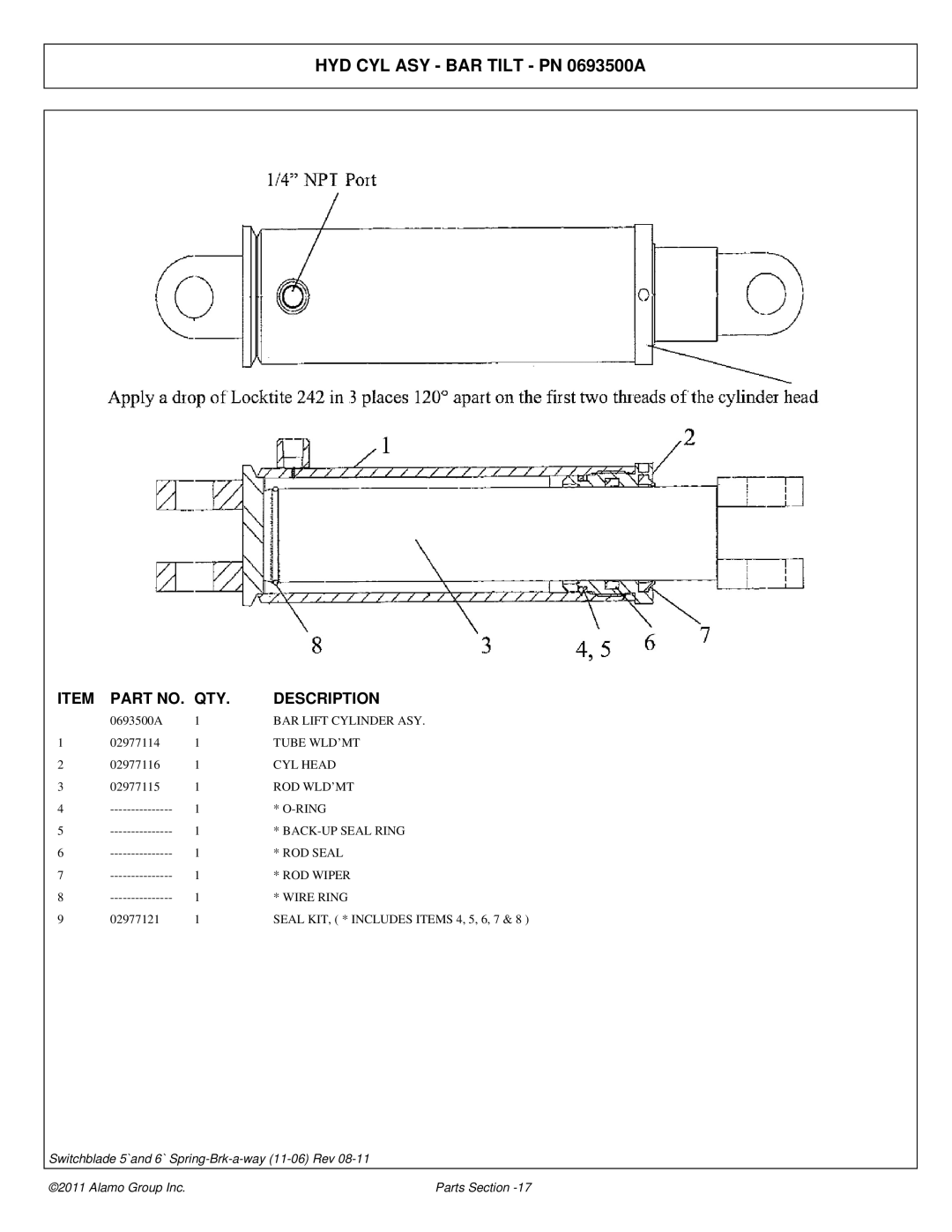 Alamo 02974374P manual HYD CYL ASY BAR Tilt PN 0693500A 