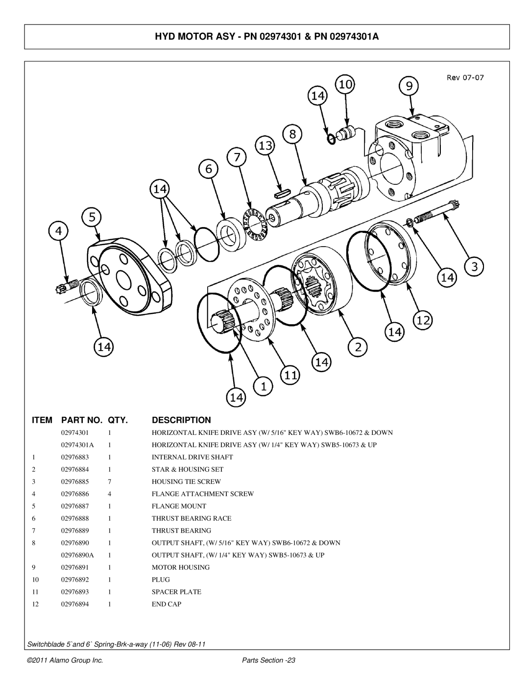 Alamo 02974374P manual HYD Motor ASY PN 02974301 & PN 02974301A 