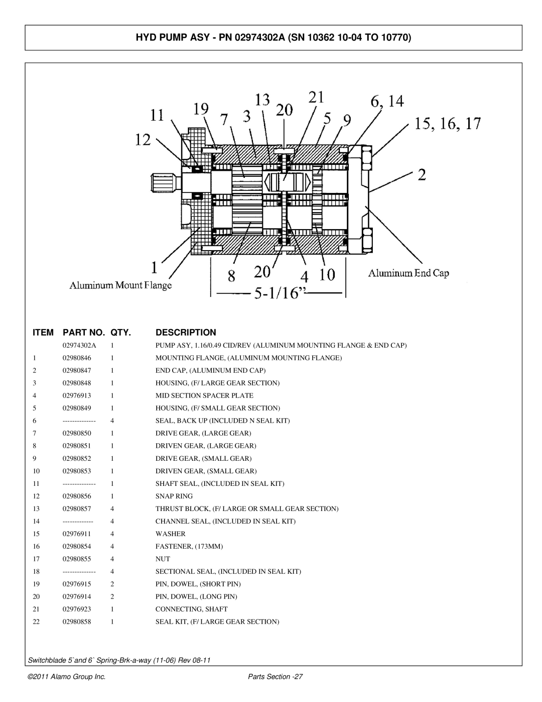 Alamo 02974374P manual HYD Pump ASY PN 02974302A SN 10362 10-04 to 