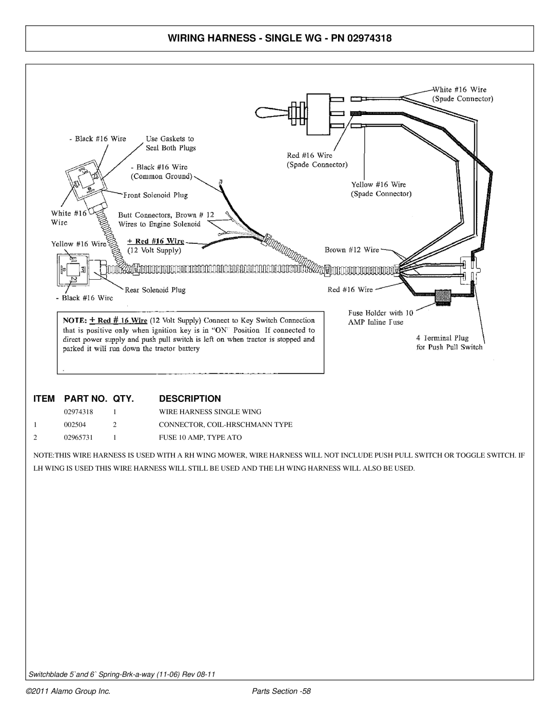 Alamo 02974374P manual Wiring Harness Single WG PN 