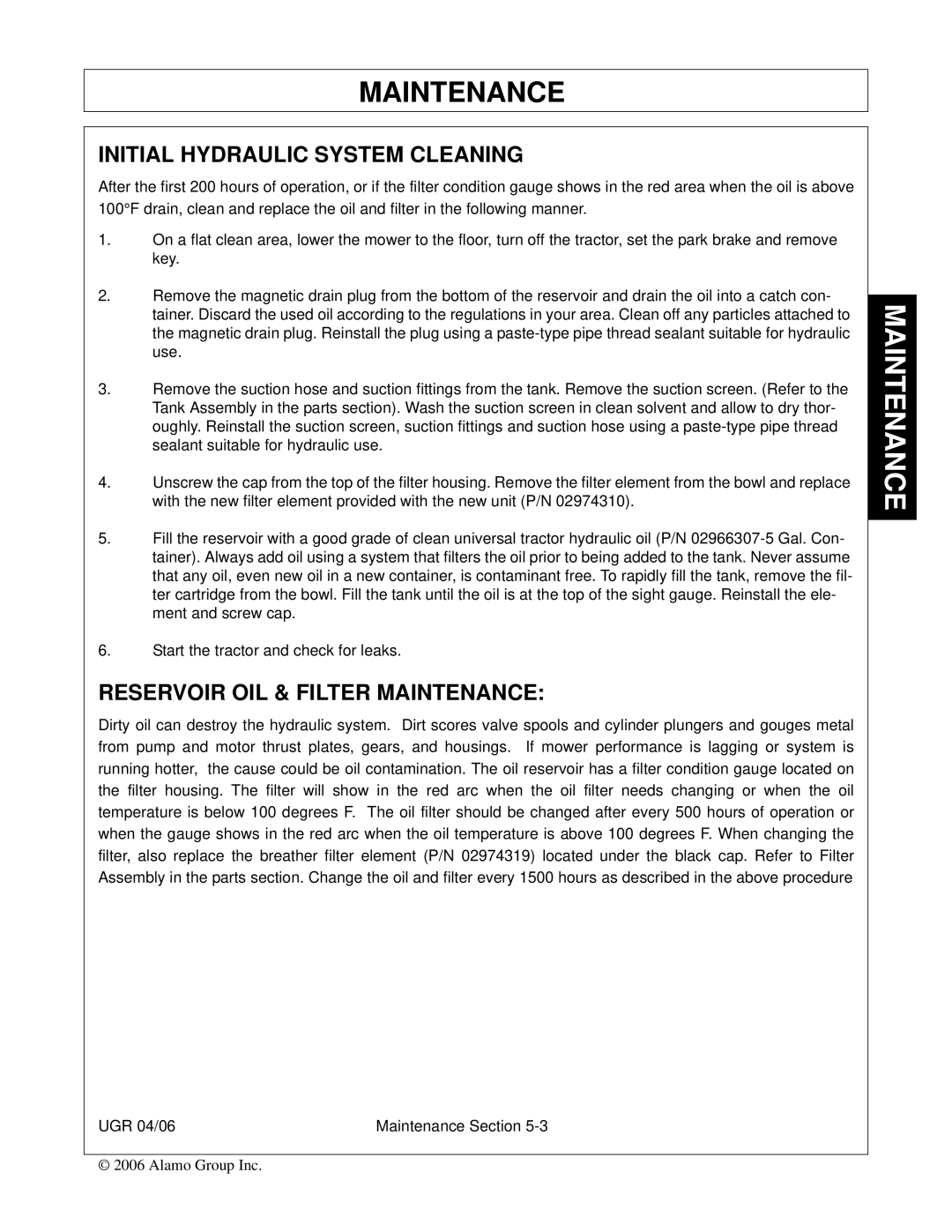 Alamo 02979718C manual Initial Hydraulic System Cleaning, Reservoir OIL & Filter Maintenance 