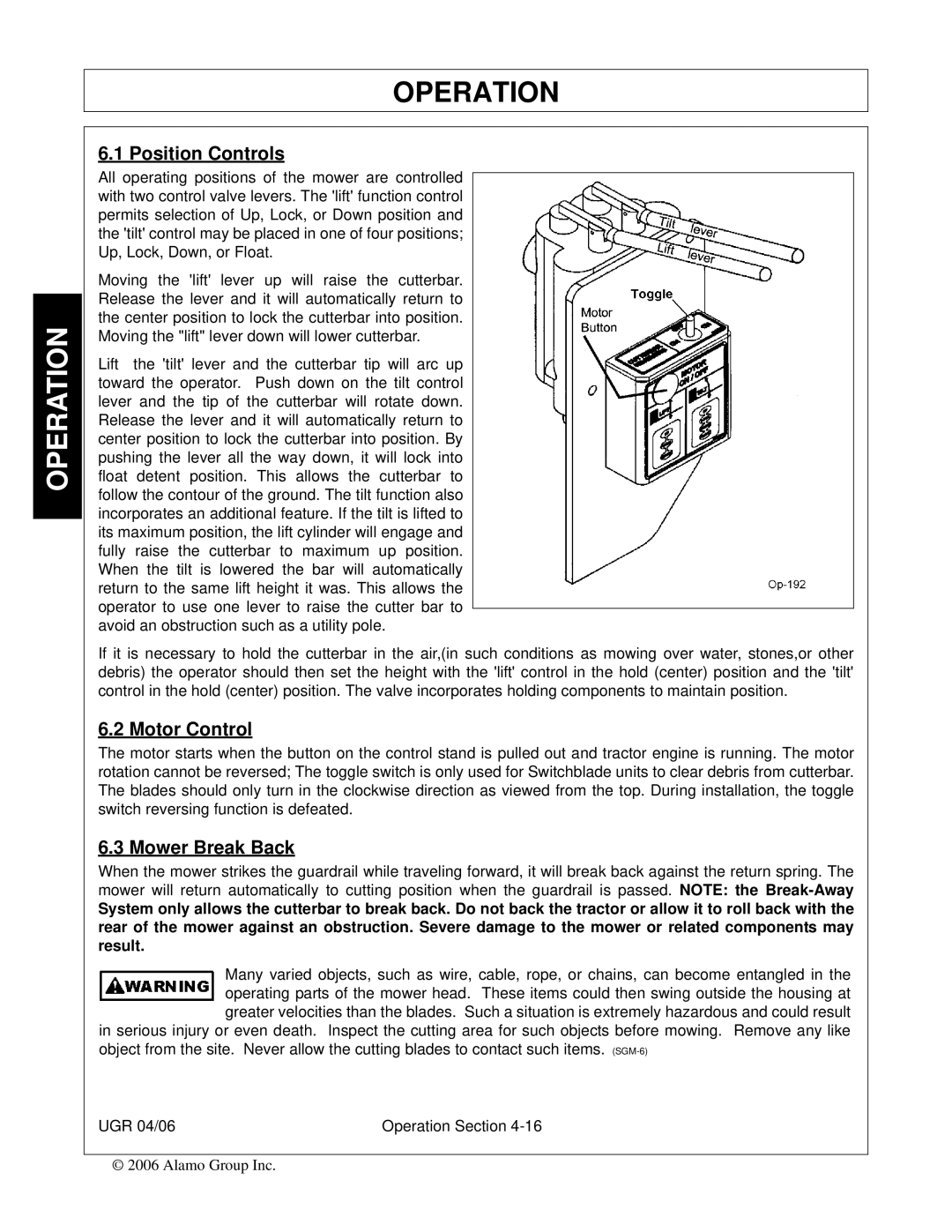 Alamo 02979718C manual Position Controls, Motor Control, Mower Break Back 