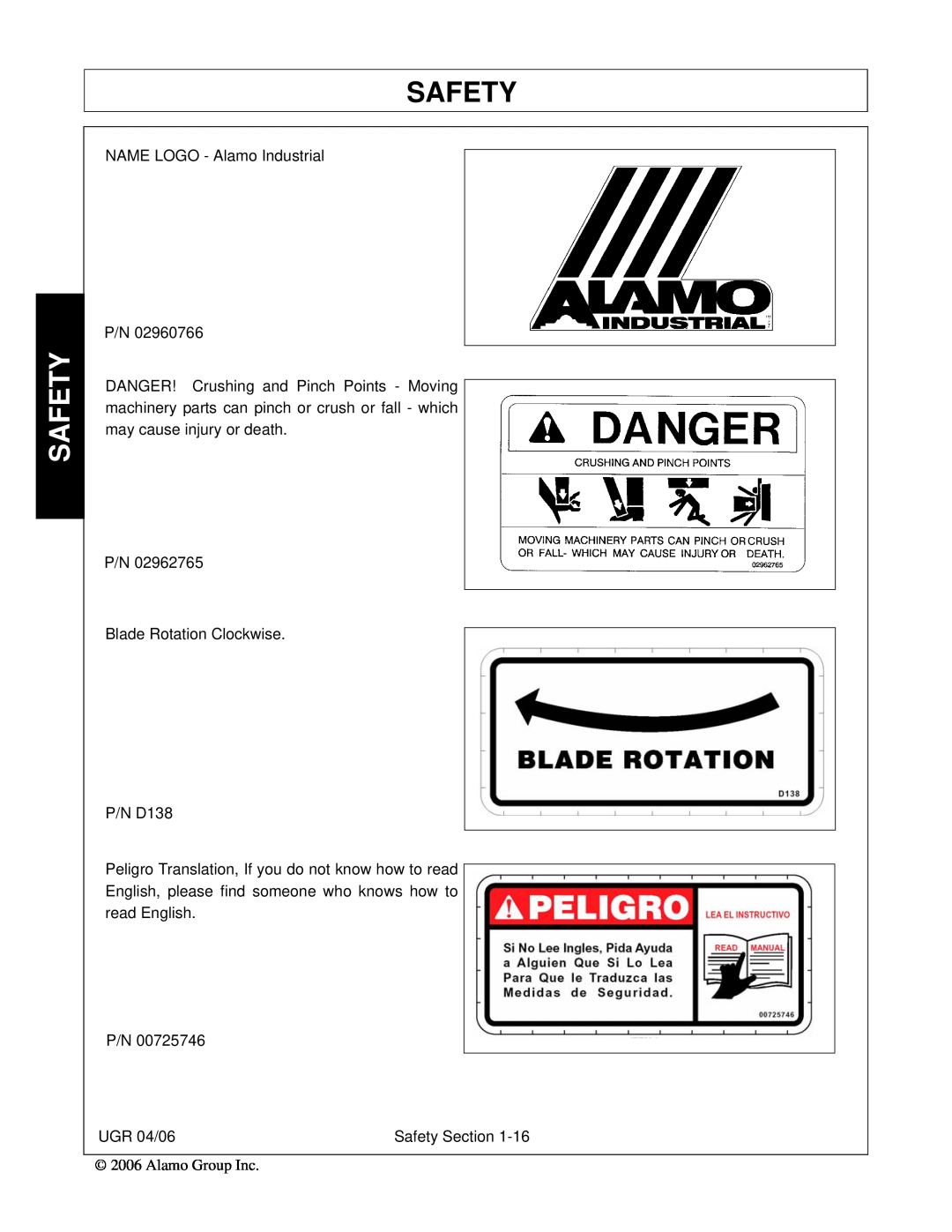 Alamo 02979718C NAME LOGO - Alamo Industrial P/N, P/N Blade Rotation Clockwise P/N D138, UGR 04/06, Safety Section 