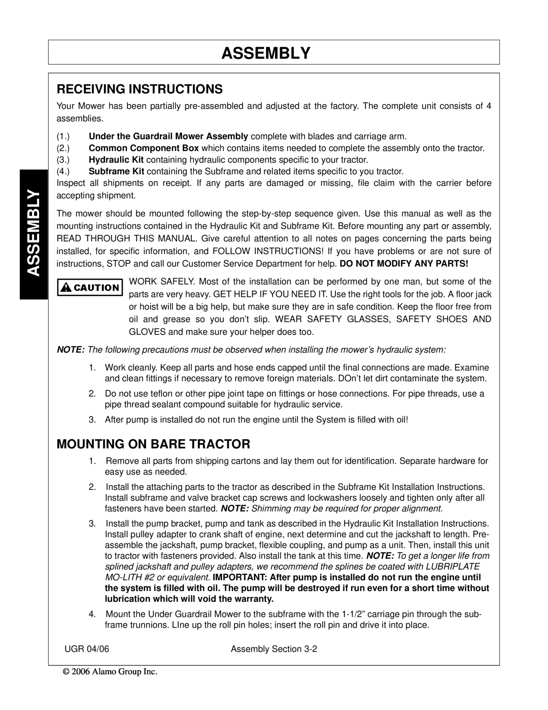 Alamo 02979718C manual Assembly, Receiving Instructions, Mounting On Bare Tractor 