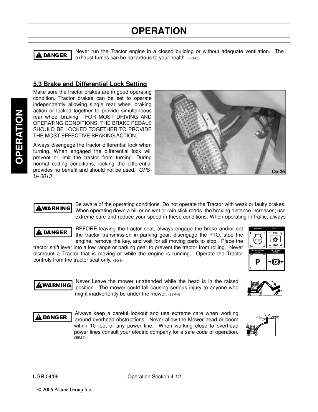 Alamo 02979718C manual Brake and Differential Lock Setting, Operation 