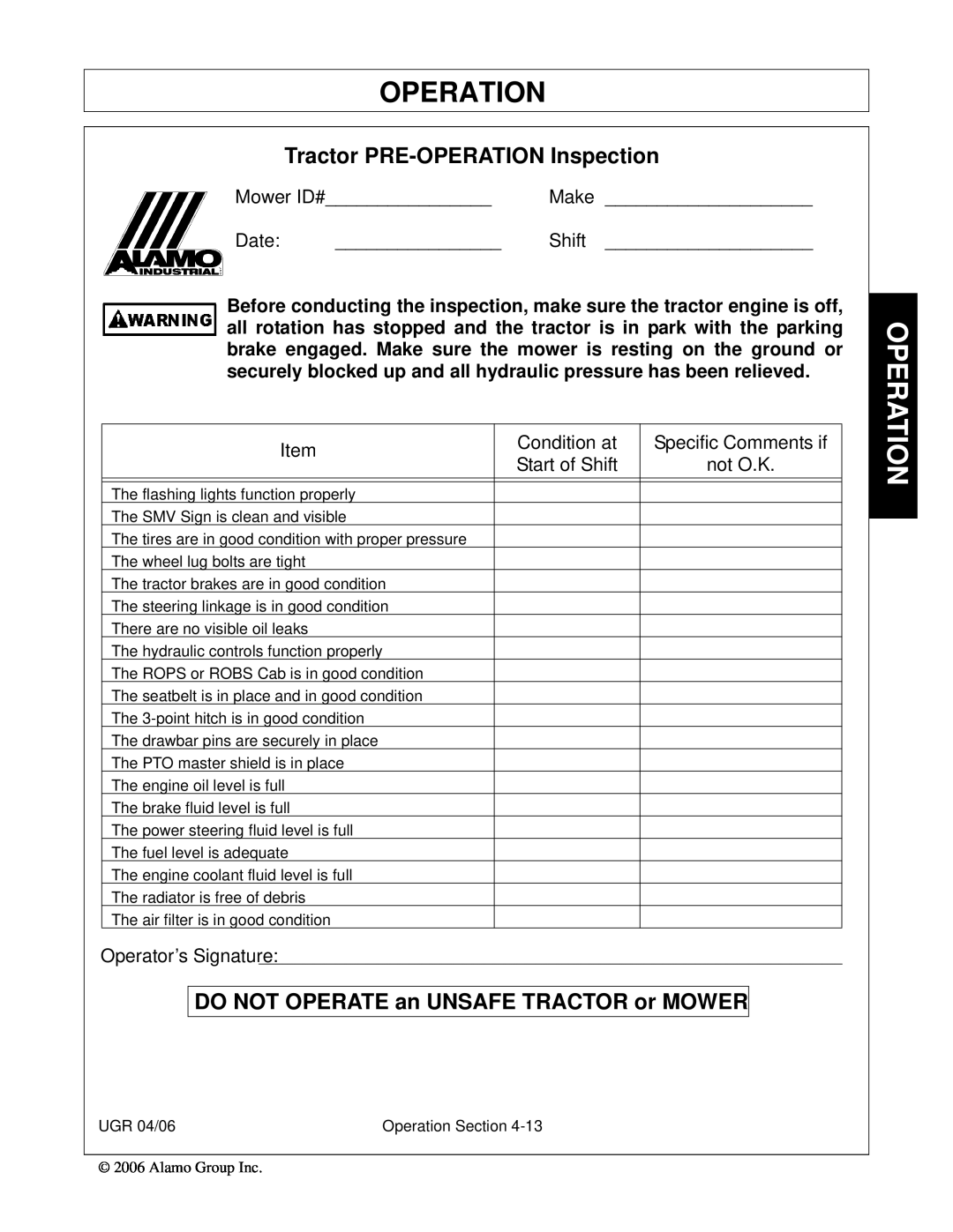 Alamo 02979718C manual Tractor PRE-OPERATIONInspection, DO NOT OPERATE an UNSAFE TRACTOR or MOWER, Operation 