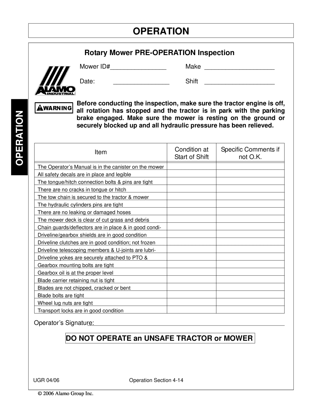Alamo 02979718C manual Rotary Mower PRE-OPERATIONInspection, Operation, DO NOT OPERATE an UNSAFE TRACTOR or MOWER 