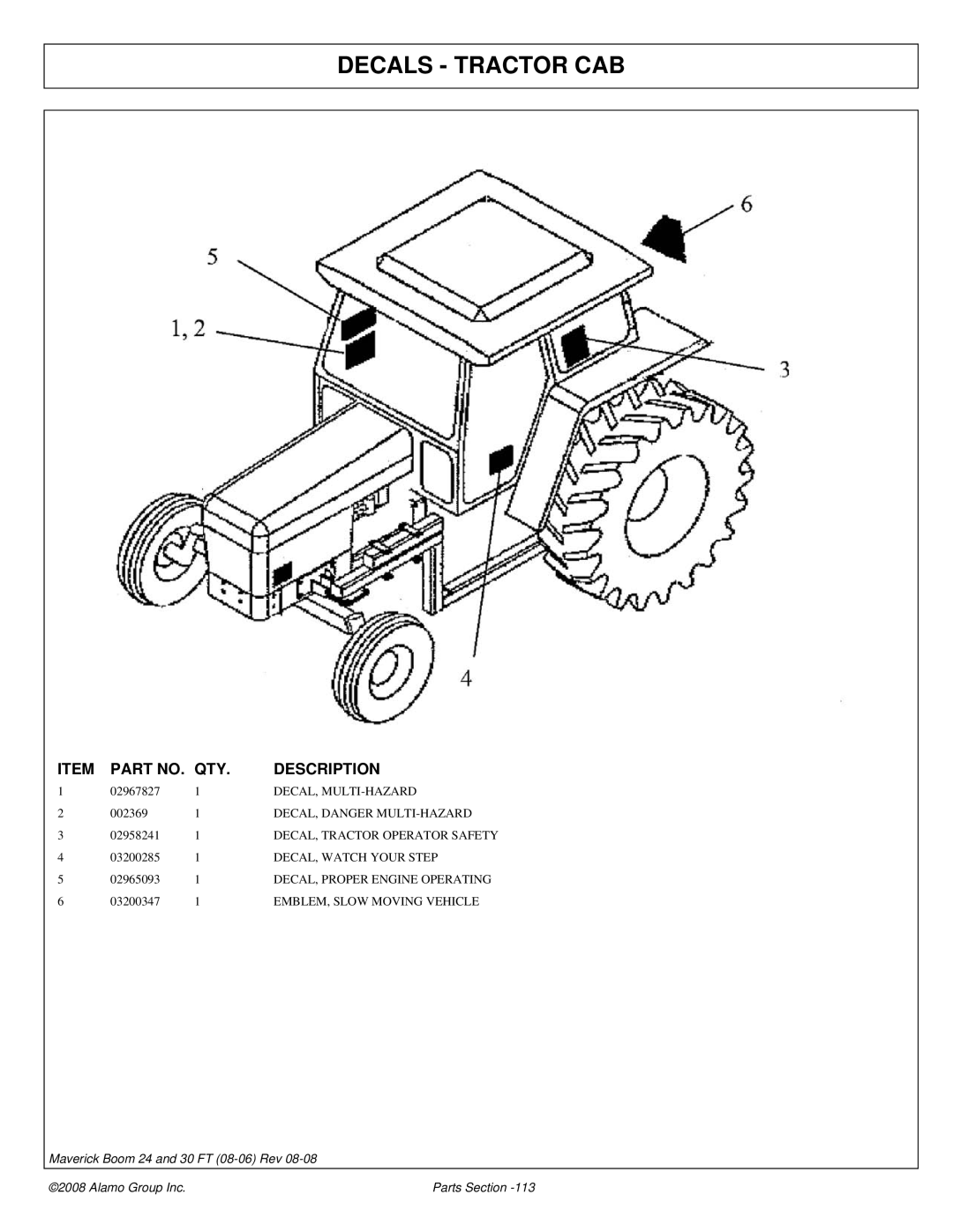 Alamo 02981992P manual Decals Tractor CAB, DECAL, Danger MULTI-HAZARD, EMBLEM, Slow Moving Vehicle 