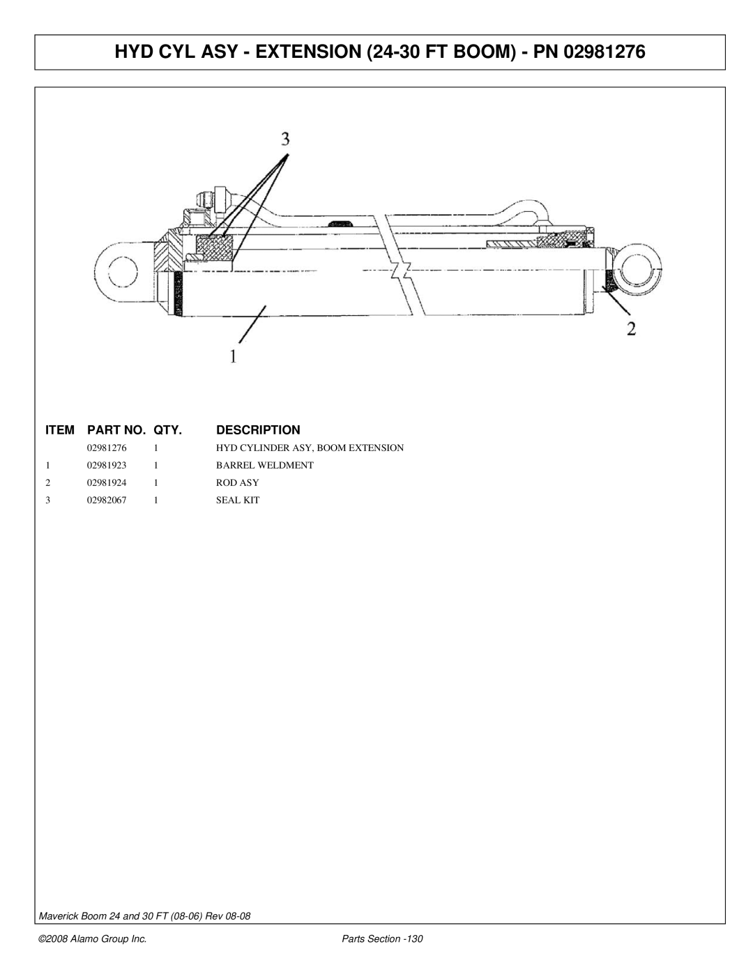 Alamo 02981992P manual HYD CYL ASY Extension 24-30 FT Boom PN 