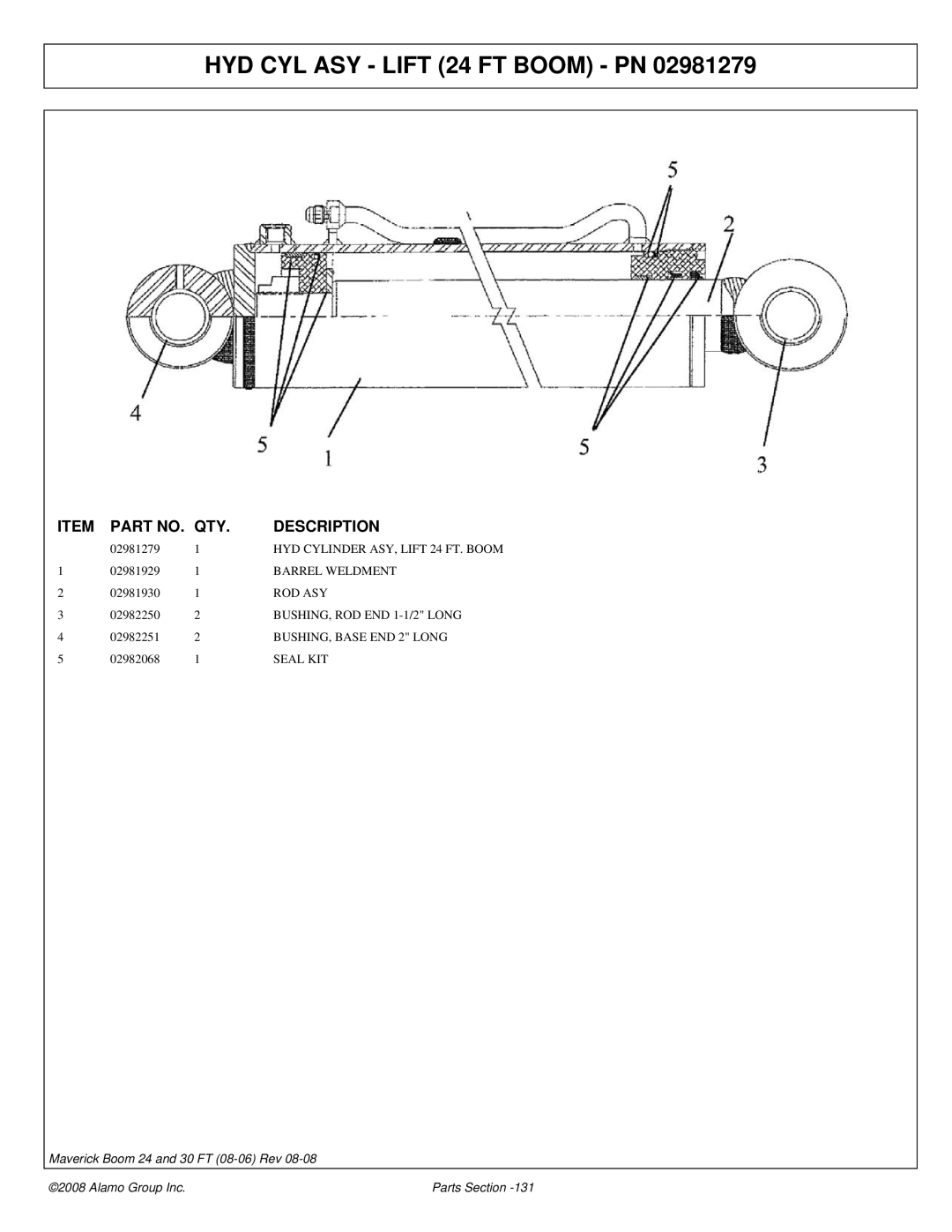 Alamo 02981992P manual HYD CYL ASY Lift 24 FT Boom PN, BUSHING, ROD END 1-1/2 Long 