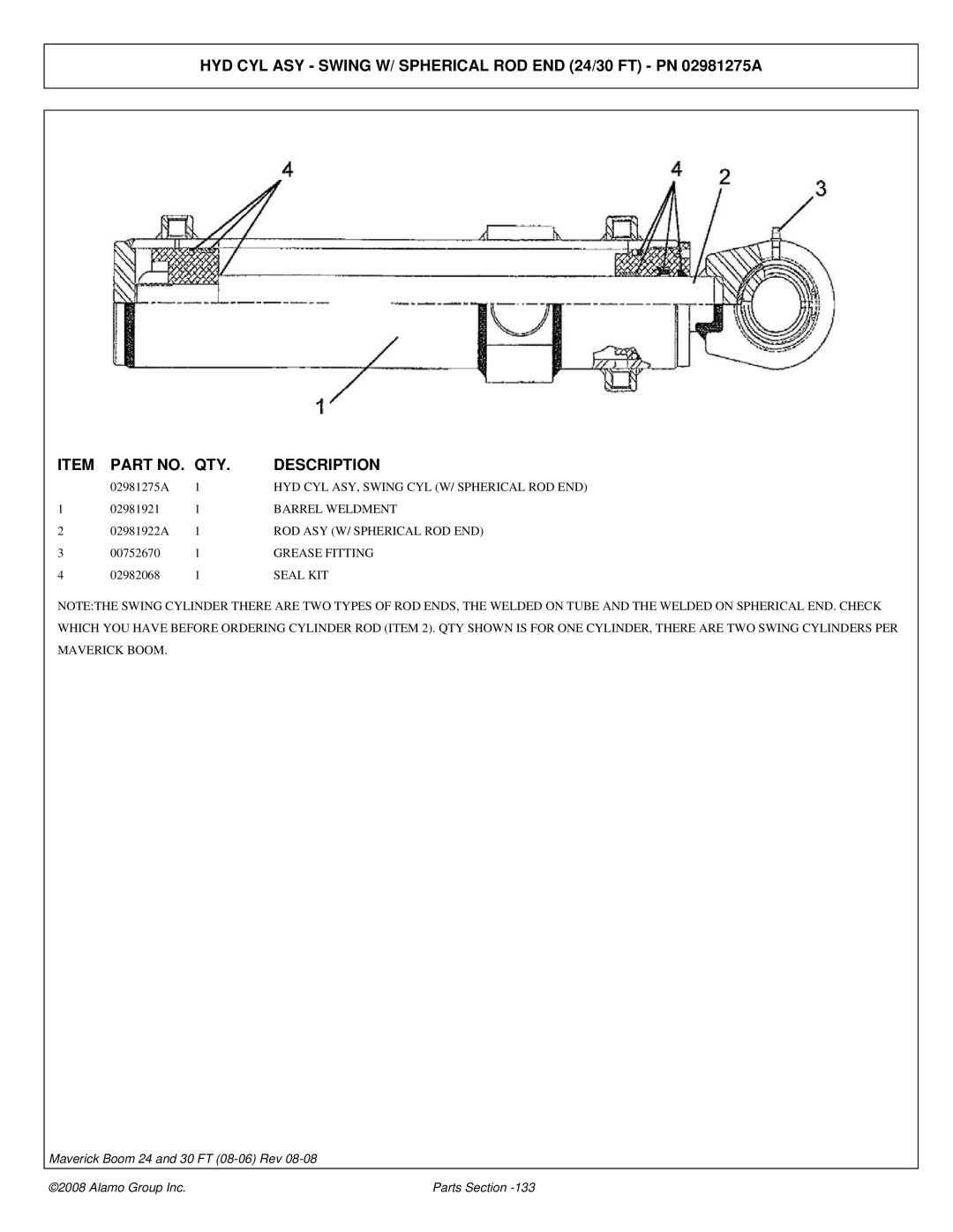 Alamo 02981992P manual ROD ASY W/ Spherical ROD END, Grease Fitting 