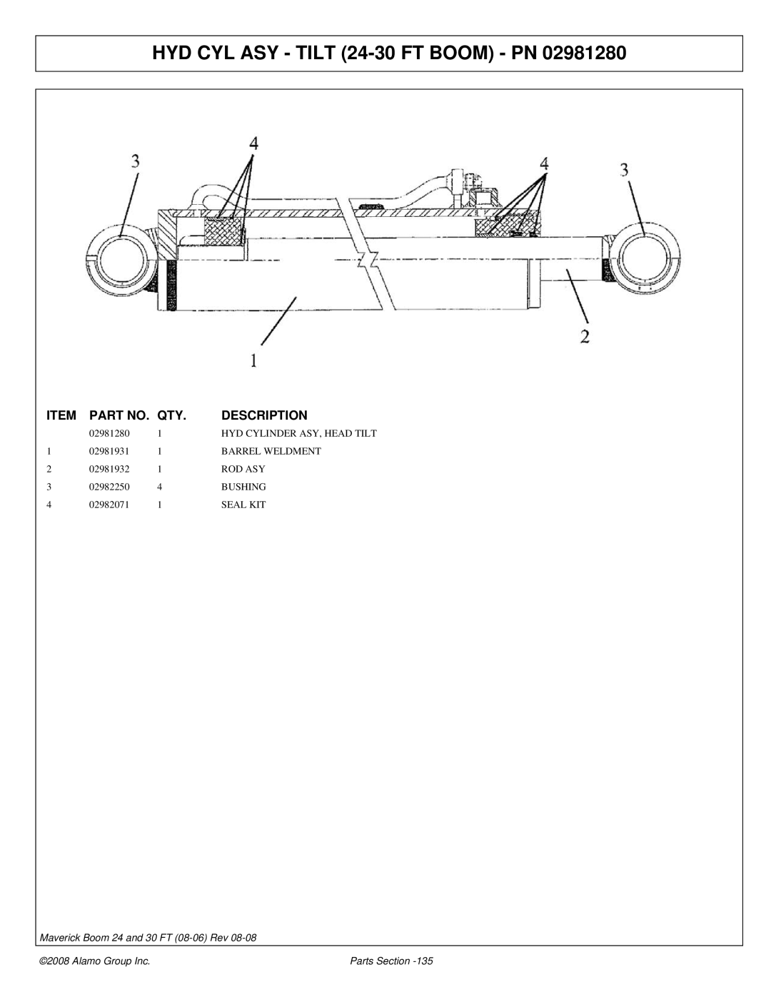 Alamo 02981992P manual HYD CYL ASY Tilt 24-30 FT Boom PN, Bushing 