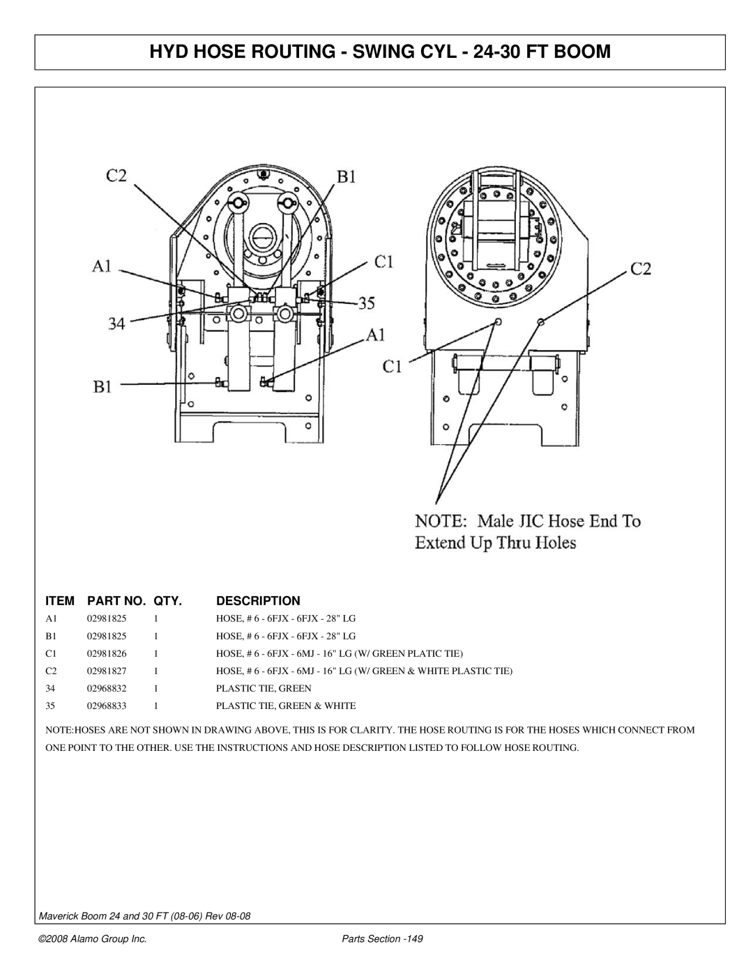 Alamo 02981992P manual HYD Hose Routing Swing CYL 24-30 FT Boom, 6FJX 6MJ 16 LG W/ Green Platic TIE 