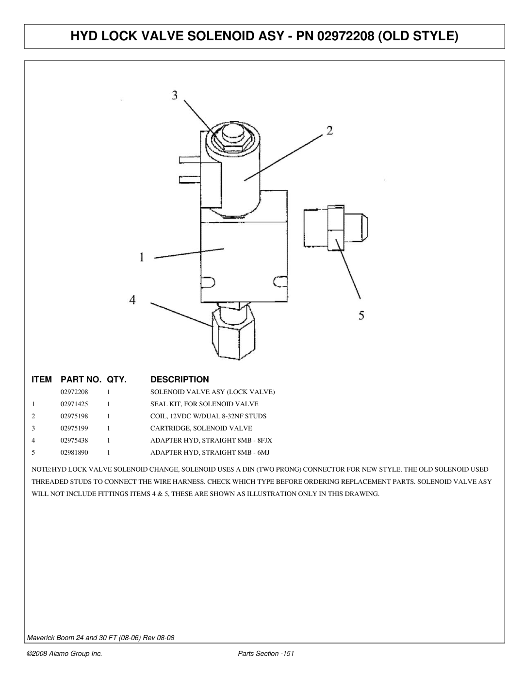 Alamo 02981992P HYD Lock Valve Solenoid ASY PN 02972208 OLD Style, Seal KIT, for Solenoid Valve, CARTRIDGE, Solenoid Valve 