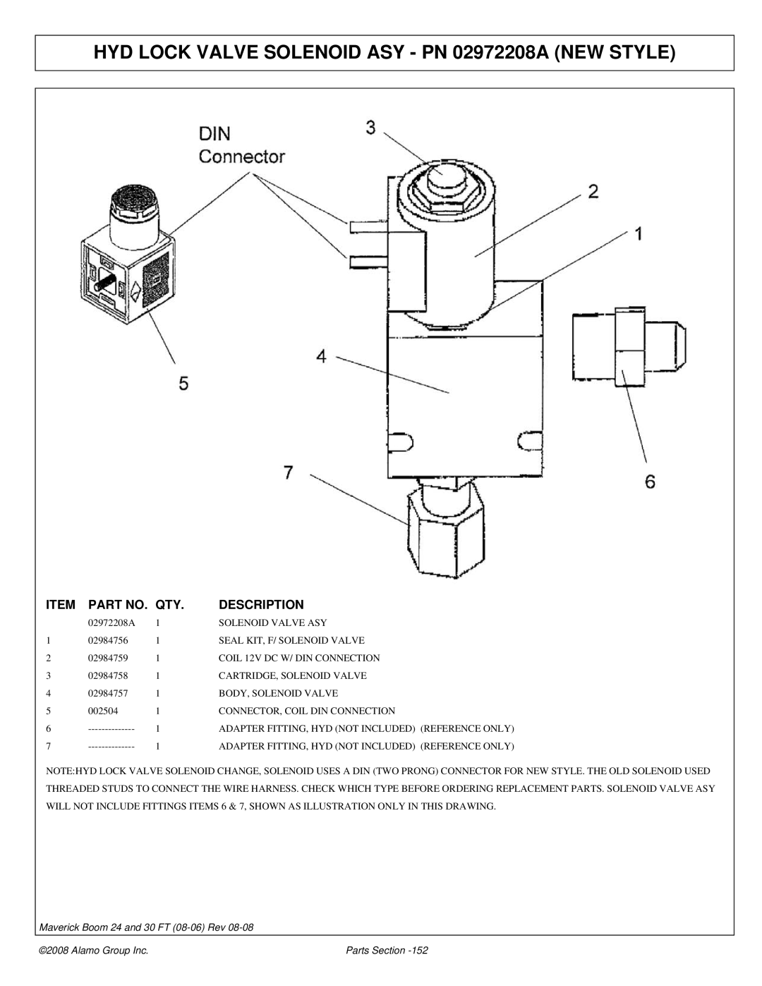 Alamo 02981992P manual HYD Lock Valve Solenoid ASY PN 02972208A NEW Style 