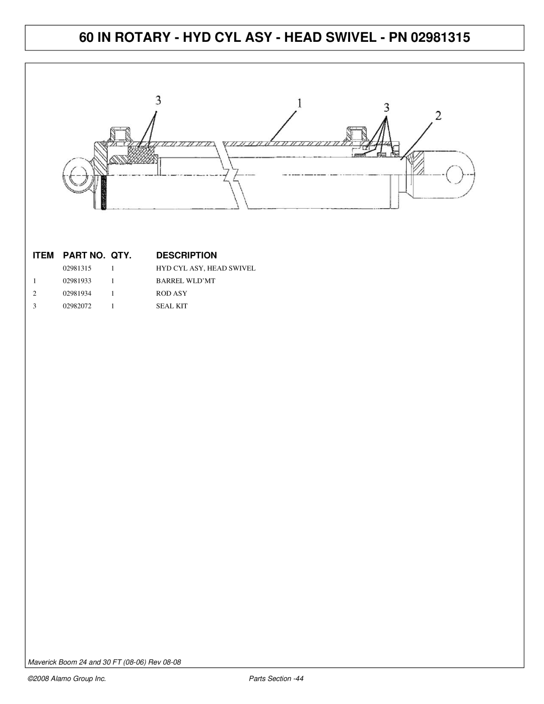 Alamo 02981992P manual Rotary HYD CYL ASY Head Swivel PN, Barrel WLD’MT, Rod Asy, Seal KIT 