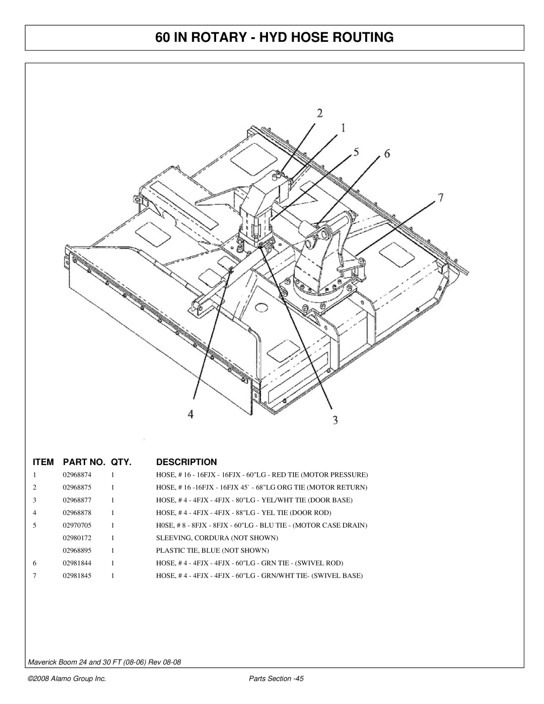 Alamo 02981992P manual Rotary HYD Hose Routing, HOSE, # 4 4FJX 4FJX 80LG YEL/WHT TIE Door Base, SLEEVING, Cordura not Shown 