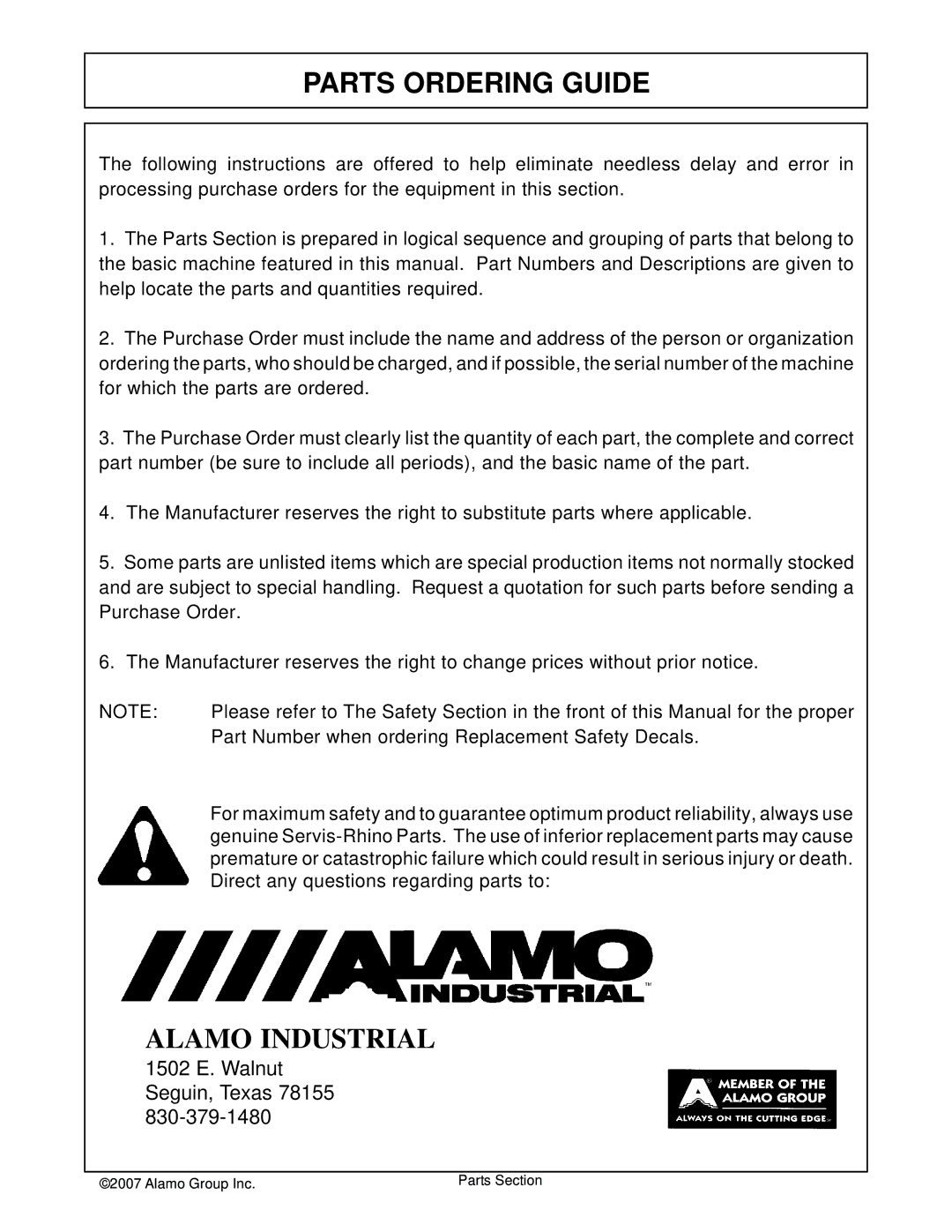 Alamo 02981992P manual Parts Ordering Guide 