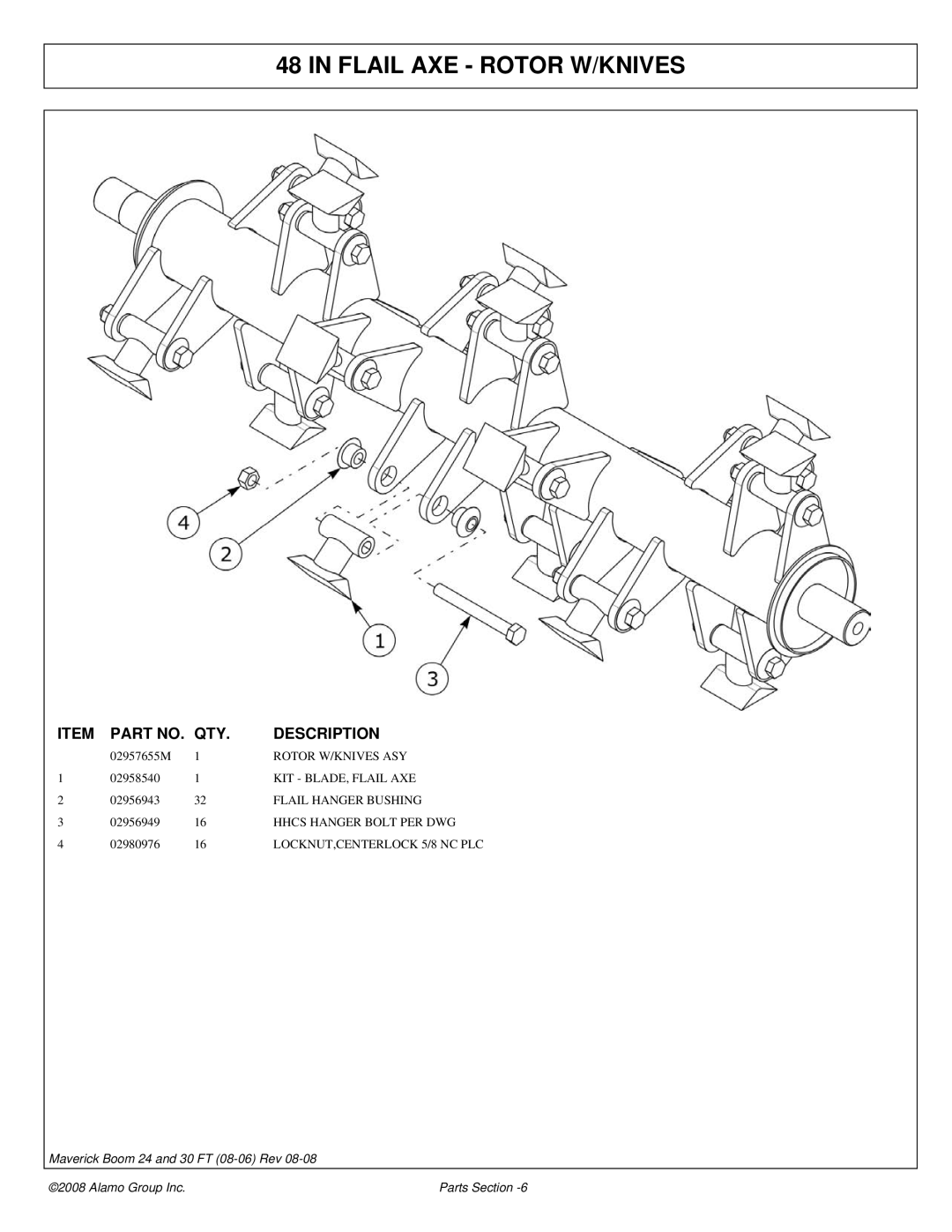 Alamo 02981992P manual Flail AXE Rotor W/KNIVES, Rotor W/KNIVES ASY, KIT BLADE, Flail AXE, Flail Hanger Bushing 