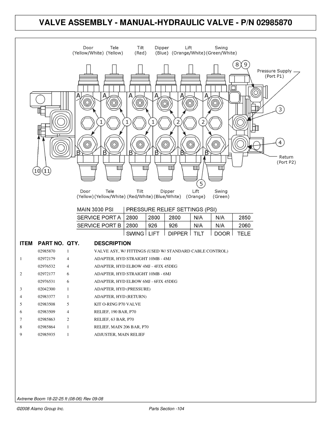 Alamo 02983326P manual Valve Assembly MANUAL-HYDRAULIC Valve P/N, RELIEF, 63 BAR, P70 