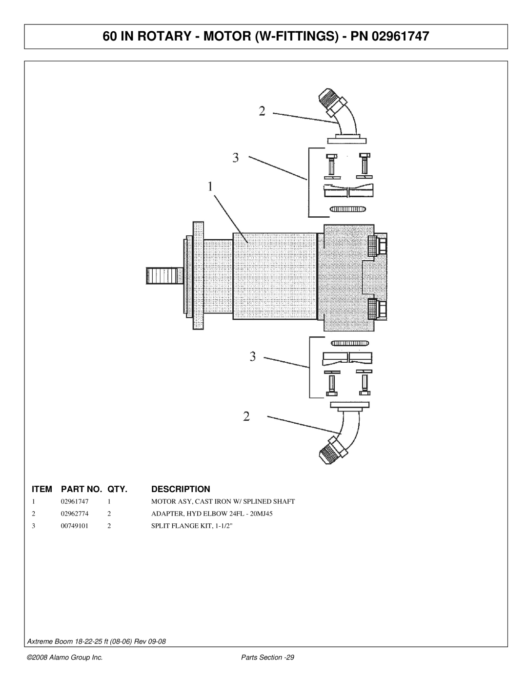 Alamo 02983326P manual Rotary Motor W-FITTINGS PN, ADAPTER, HYD Elbow 24FL 20MJ45 