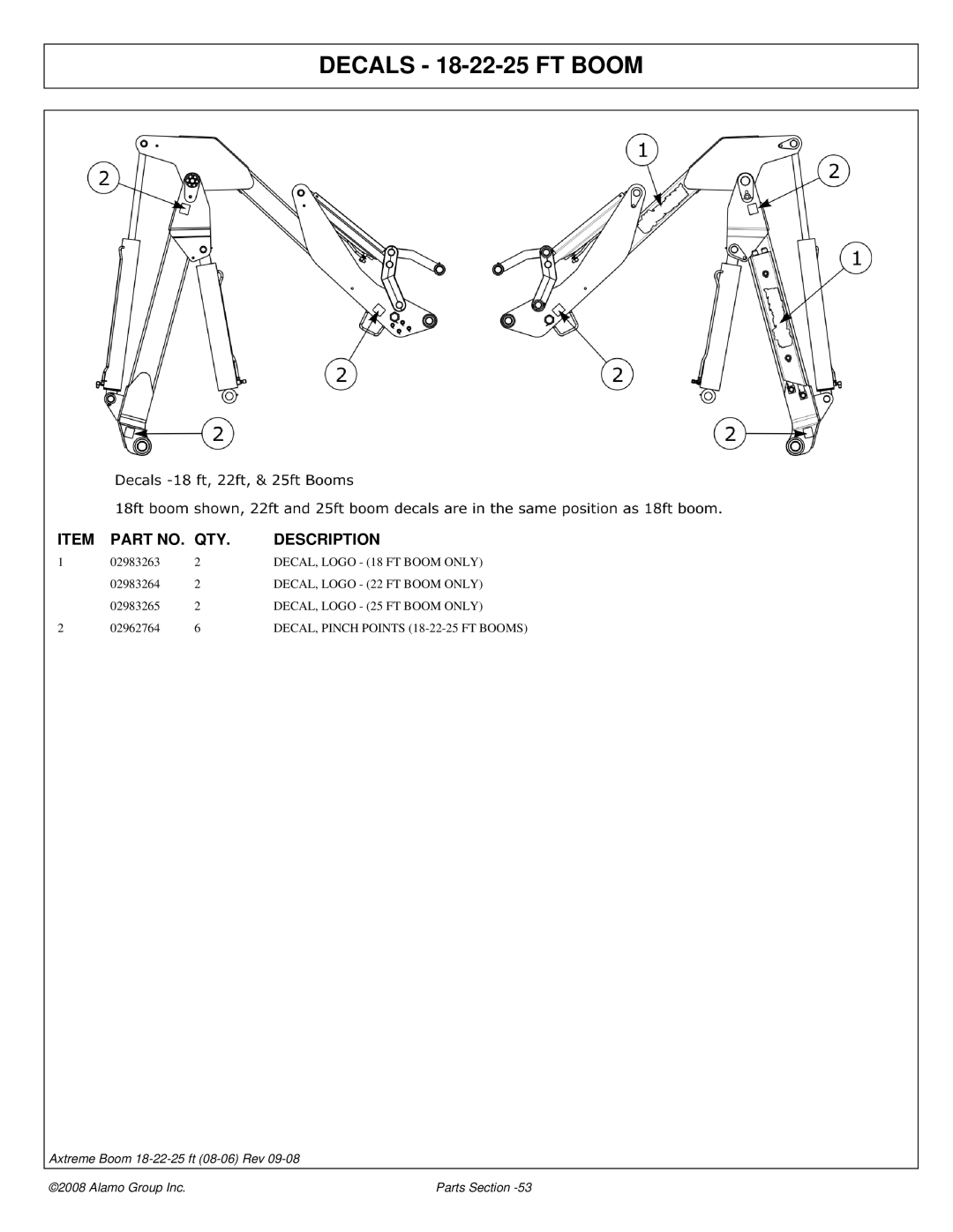 Alamo 02983326P manual DECAL, Logo 18 FT Boom only, DECAL, Logo 22 FT Boom only, DECAL, Logo 25 FT Boom only 