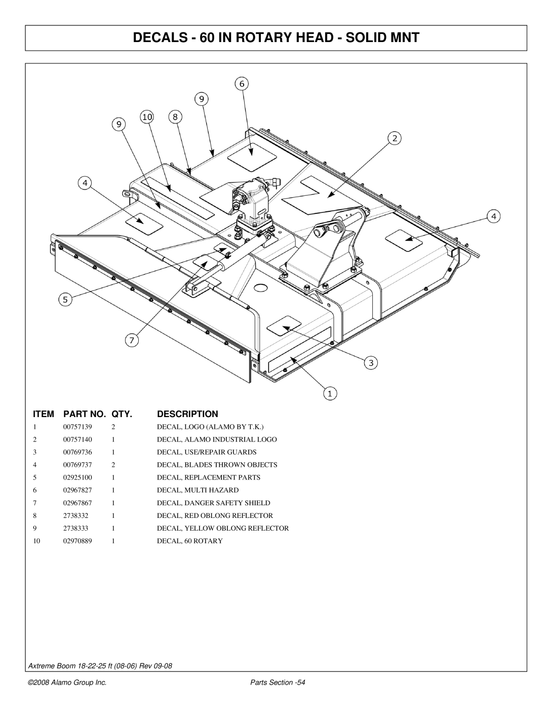 Alamo 02983326P manual Decals 60 in Rotary Head Solid MNT 