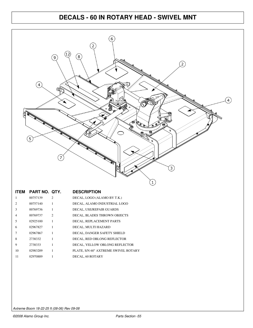 Alamo 02983326P manual Decals 60 in Rotary Head Swivel MNT, DECAL, Yellow Oblong Reflector 