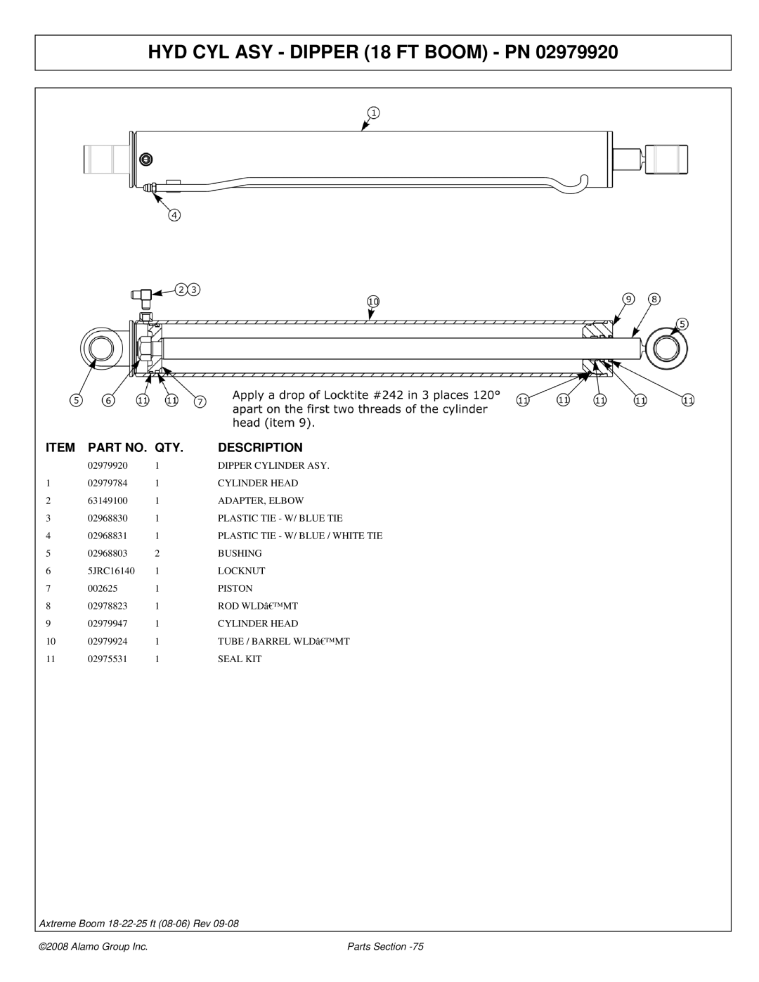 Alamo 02983326P Dipper Cylinder ASY, Cylinder Head, ADAPTER, Elbow, Plastic TIE W/ Blue TIE, Bushing, Locknut, Piston 