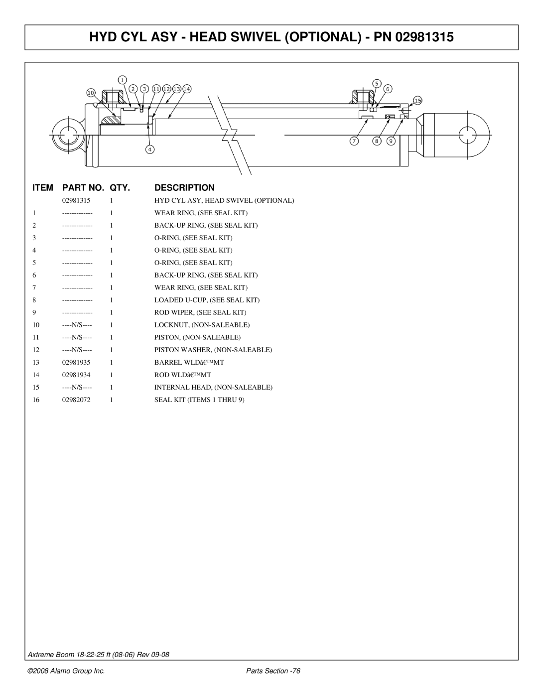 Alamo 02983326P manual HYD CYL ASY Head Swivel Optional PN 