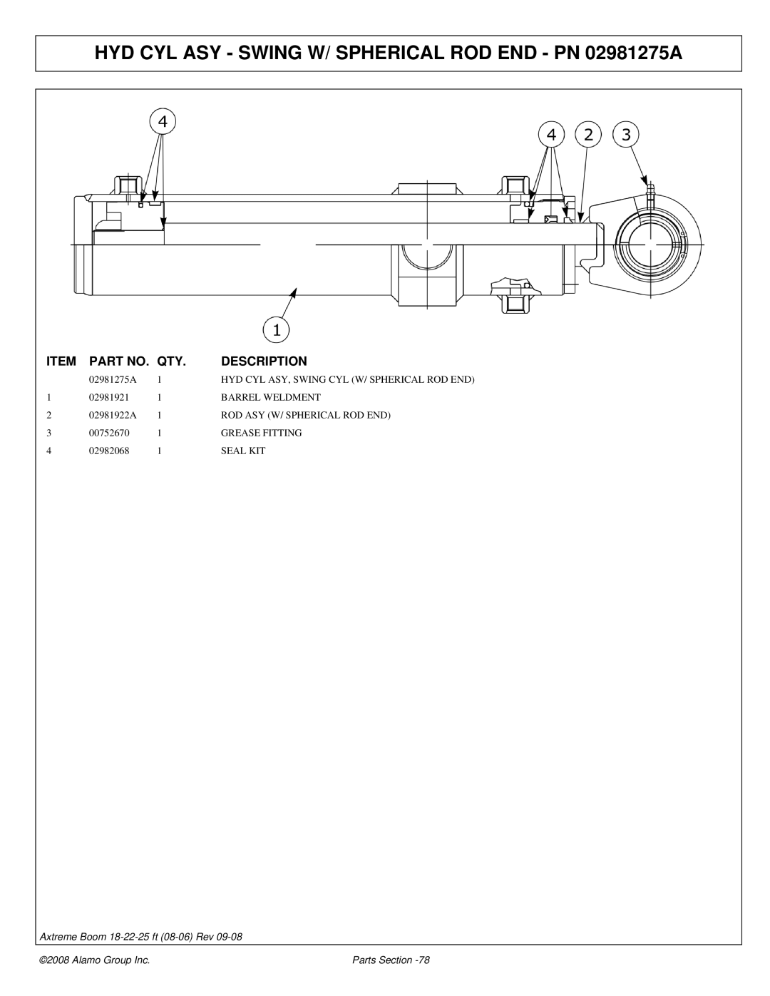 Alamo 02983326P manual HYD CYL ASY Swing W/ Spherical ROD END PN 02981275A, Barrel Weldment, ROD ASY W/ Spherical ROD END 