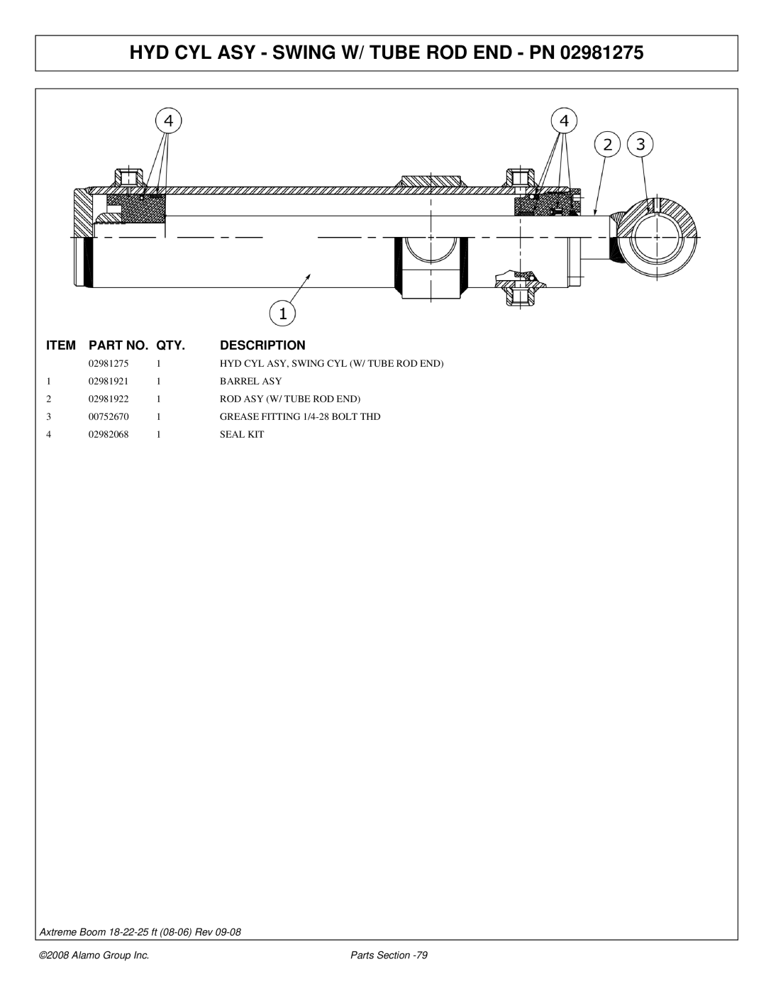 Alamo 02983326P manual HYD CYL ASY Swing W/ Tube ROD END PN, Barrel ASY, ROD ASY W/ Tube ROD END 