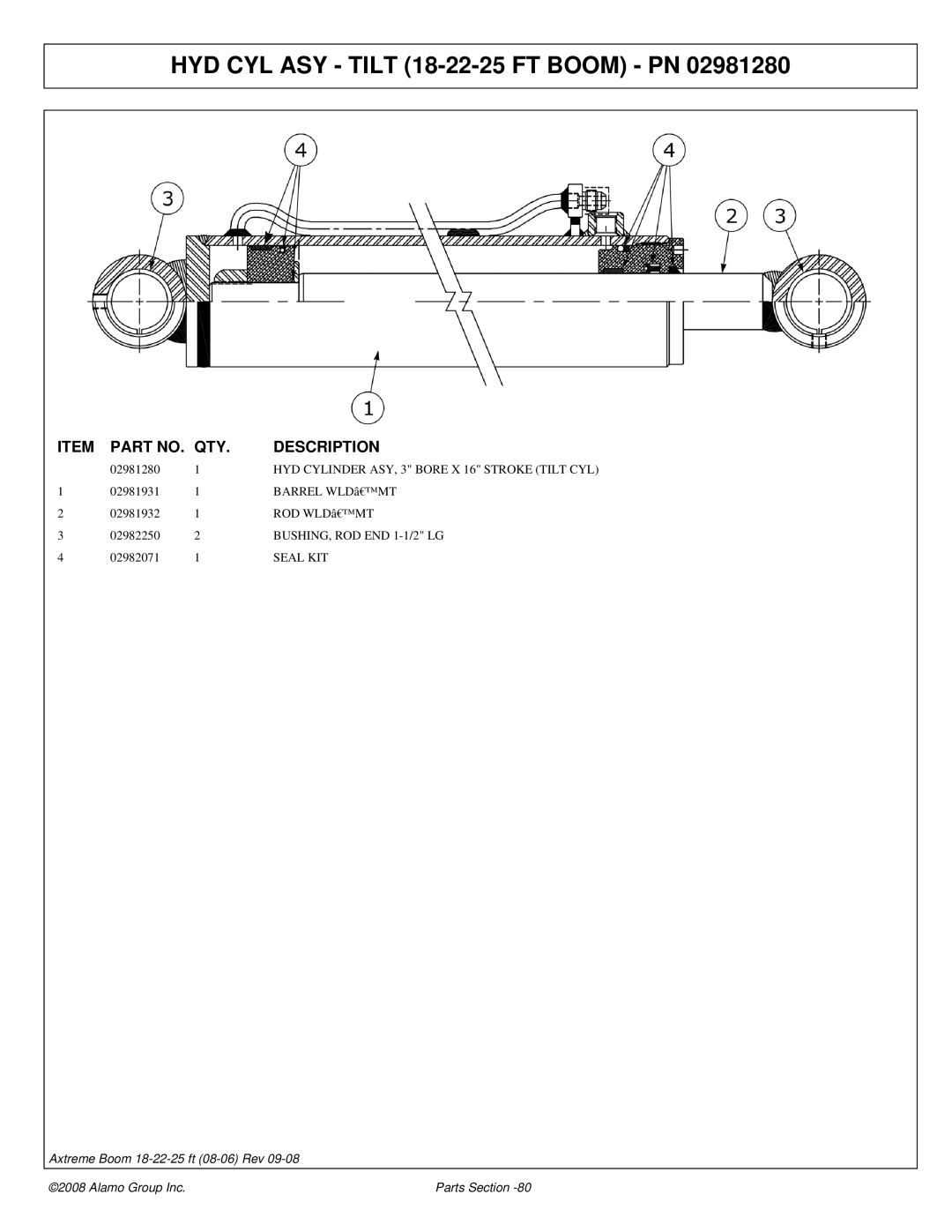 Alamo 02983326P manual HYD CYL ASY Tilt 18-22-25 FT Boom PN 