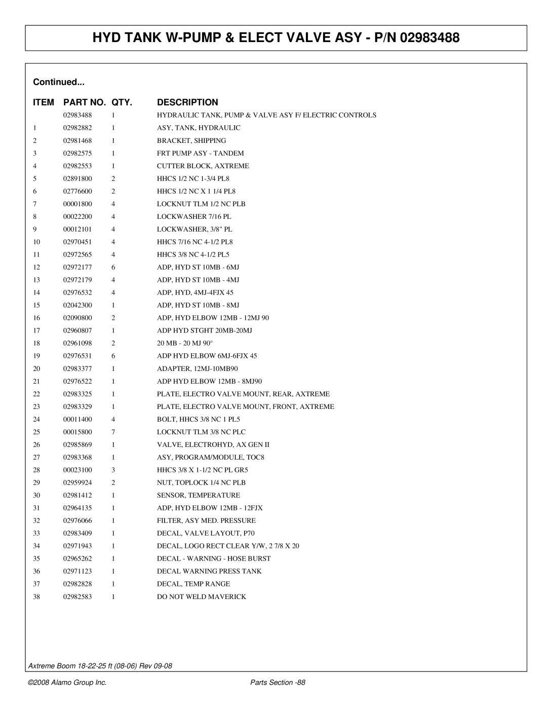 Alamo 02983326P ASY, TANK, Hydraulic, BRACKET, Shipping, FRT Pump ASY Tandem, Cutter BLOCK, Axtreme, Lockwasher 7/16 PL 