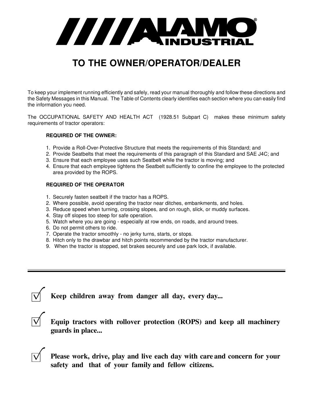 Alamo 02983326P manual To The Owner/Operator/Dealer, Keep children away from danger all day, every day, guards in place 