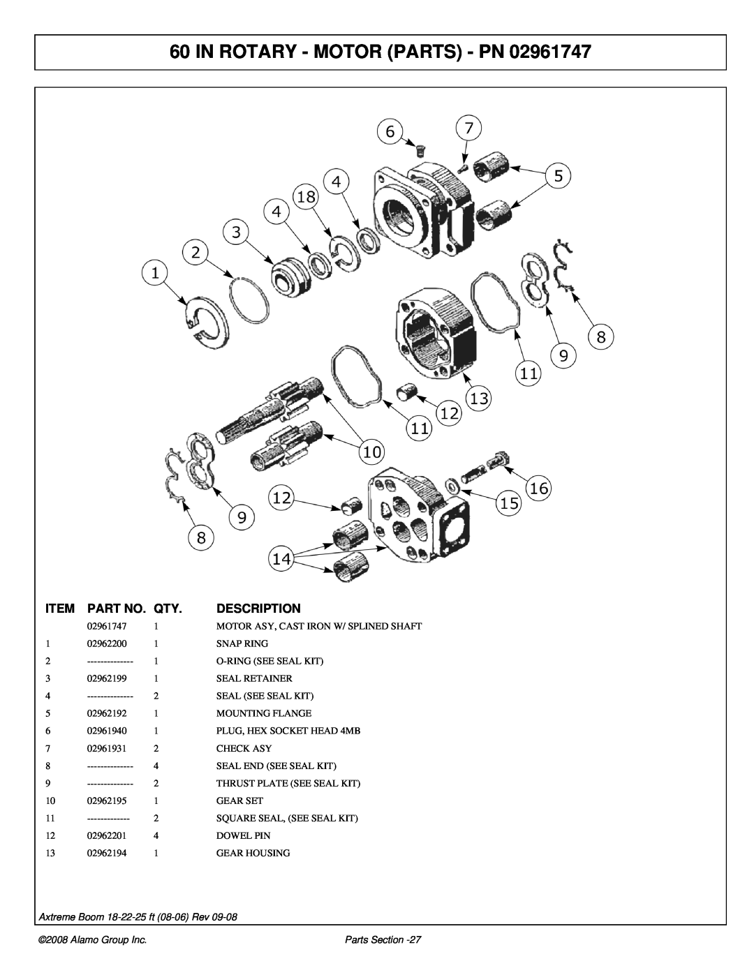 Alamo 02983326P manual In Rotary - Motor Parts - Pn, Description, Axtreme Boom 18-22-25 ft 08-06 Rev, Alamo Group Inc 