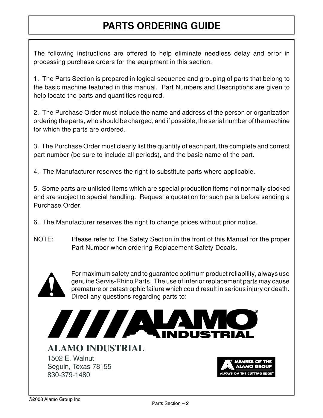 Alamo 02983326P manual Parts Ordering Guide, Alamo Industrial, 1502 E. Walnut Seguin, Texas 78155 