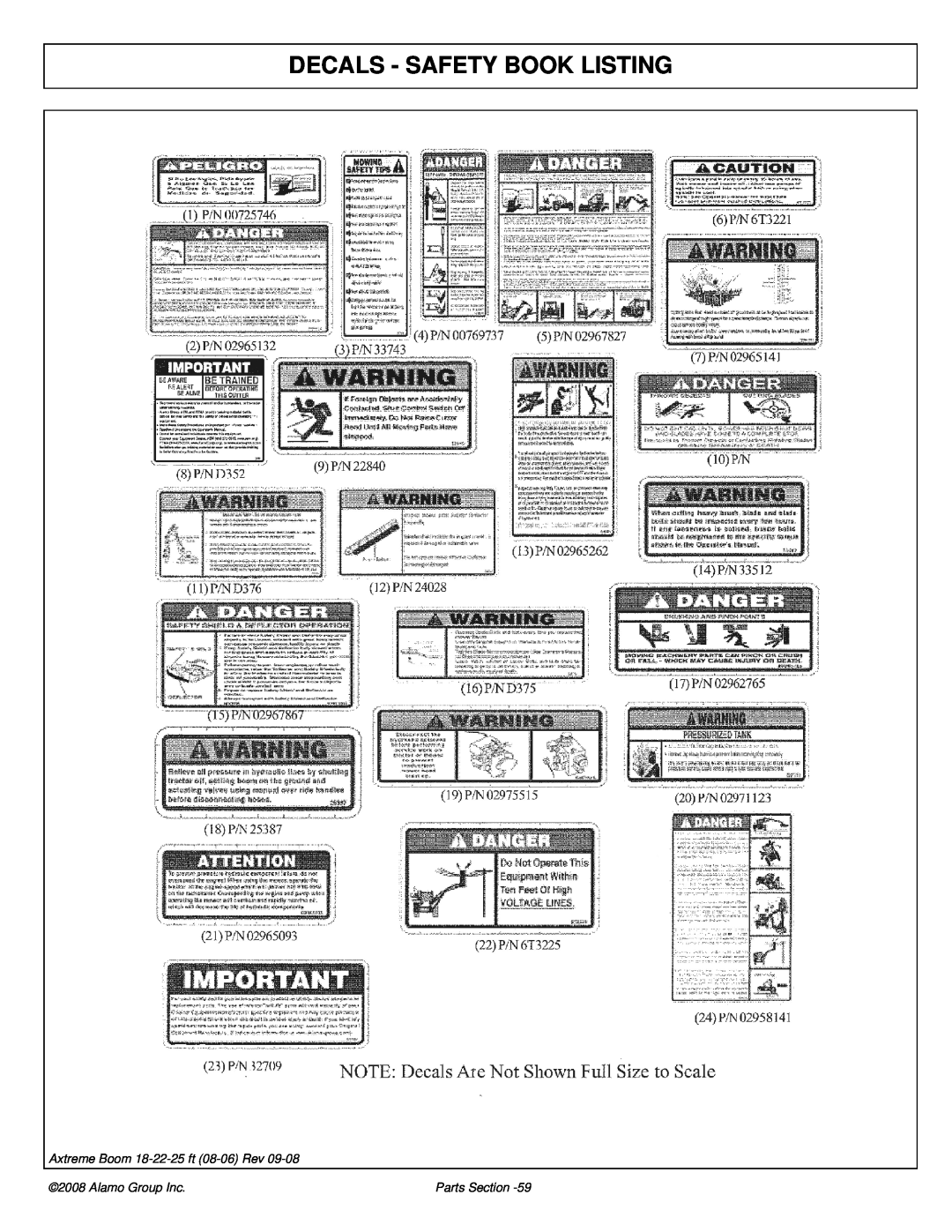 Alamo 02983326P manual Decals - Safety Book Listing, Axtreme Boom 18-22-25 ft 08-06 Rev, Alamo Group Inc, Parts Section 