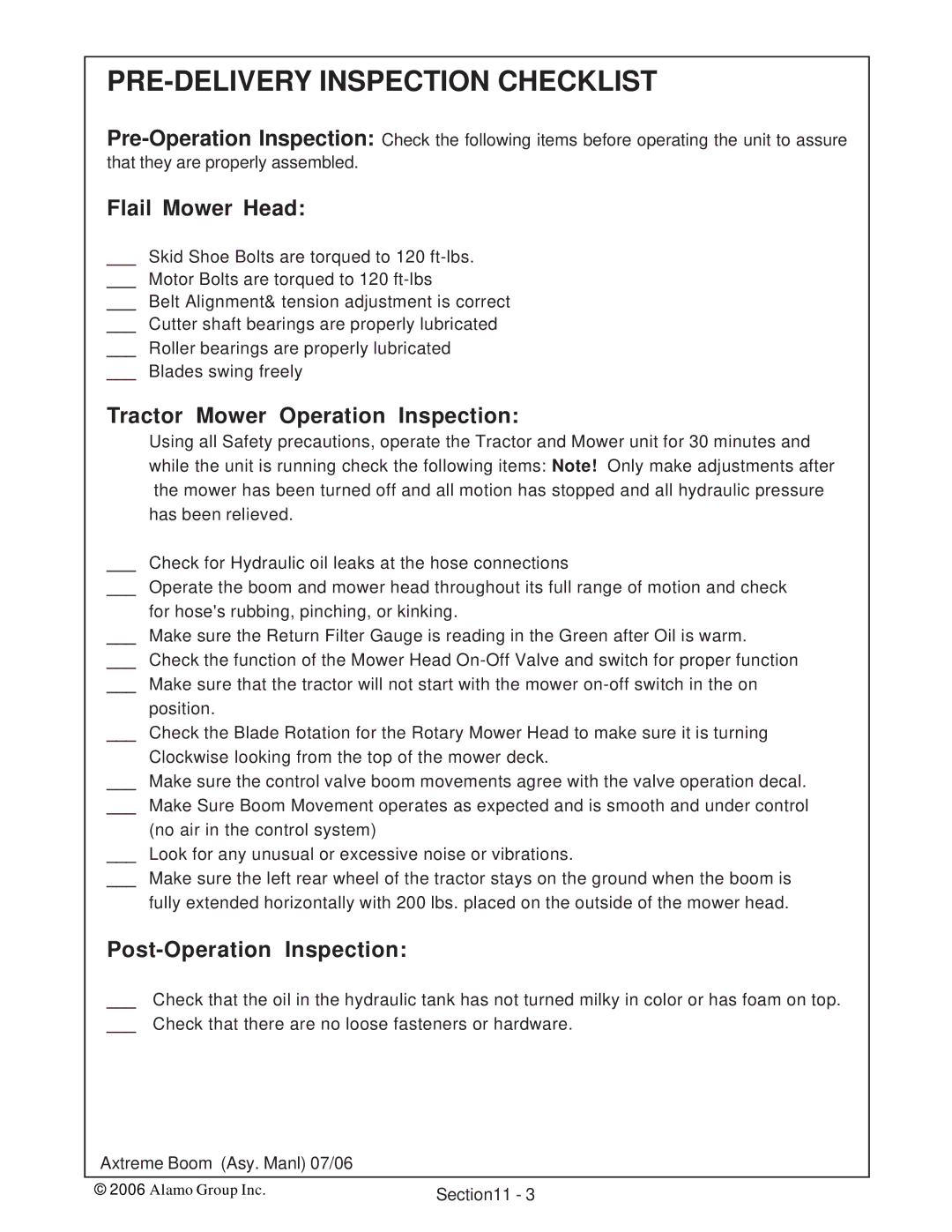 Alamo 02984405 instruction manual Flail Mower Head, Tractor Mower Operation Inspection, Post-Operation Inspection 