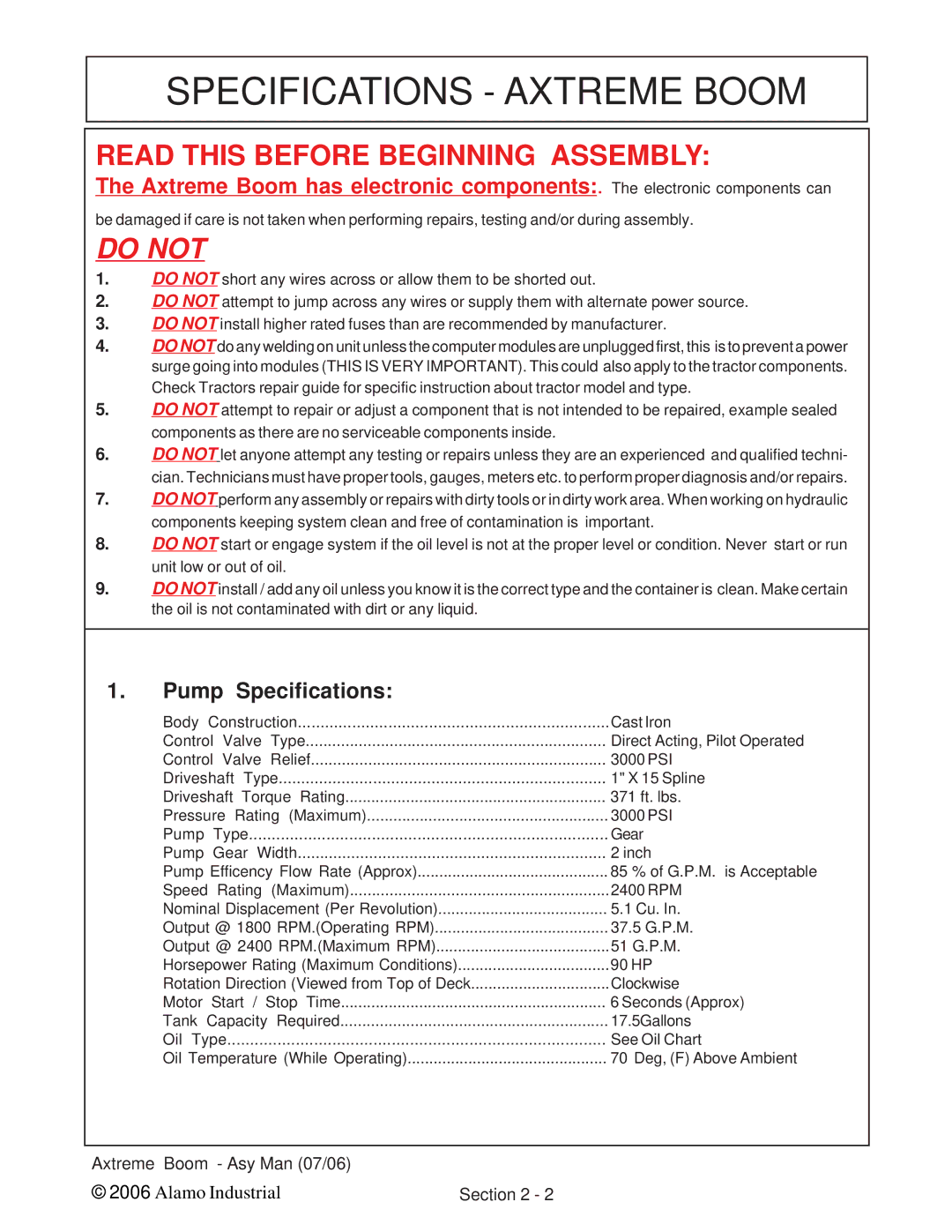 Alamo 02984405 instruction manual Specifications Axtreme Boom, Pump Specifications 