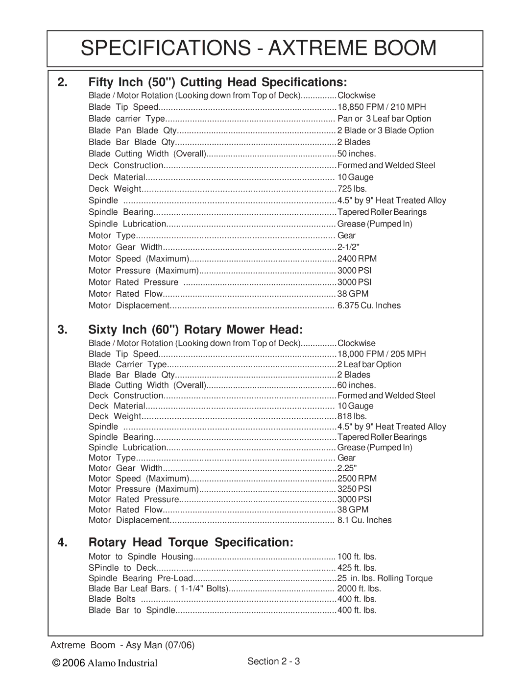 Alamo 02984405 instruction manual Fifty Inch 50 Cutting Head Specifications, Sixty Inch 60 Rotary Mower Head 