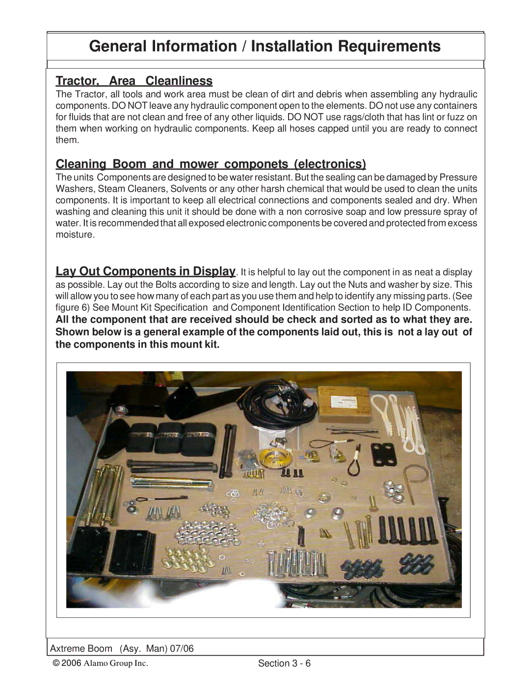 Alamo 02984405 instruction manual Tractor, Area Cleanliness, Cleaning Boom and mower componets electronics 