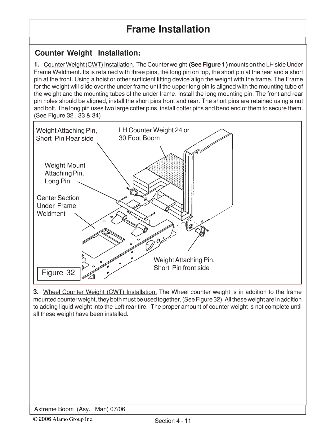 Alamo 02984405 instruction manual Counter Weight Installation 