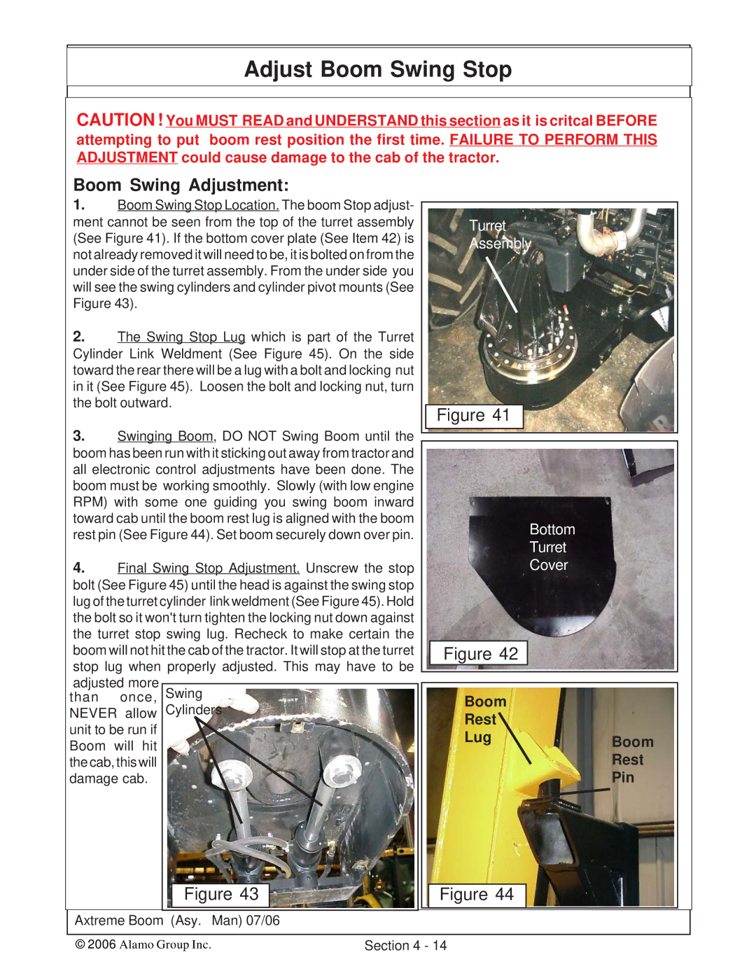 Alamo 02984405 instruction manual Adjust Boom Swing Stop, Boom Swing Adjustment 