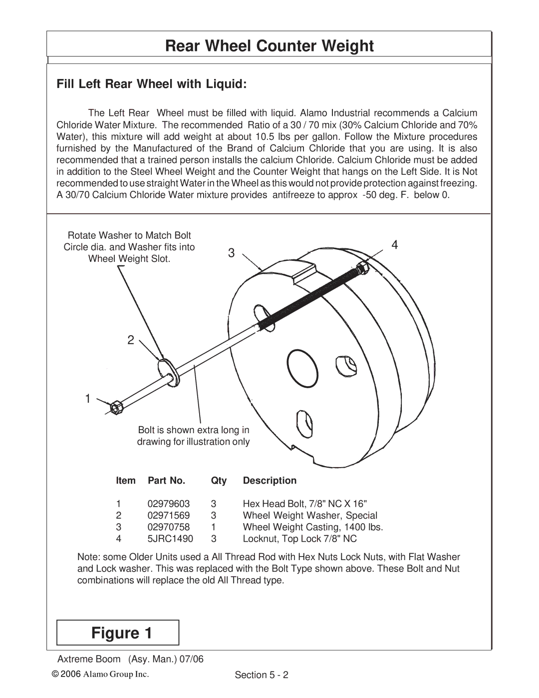 Alamo 02984405 instruction manual Rear Wheel Counter Weight, Fill Left Rear Wheel with Liquid 